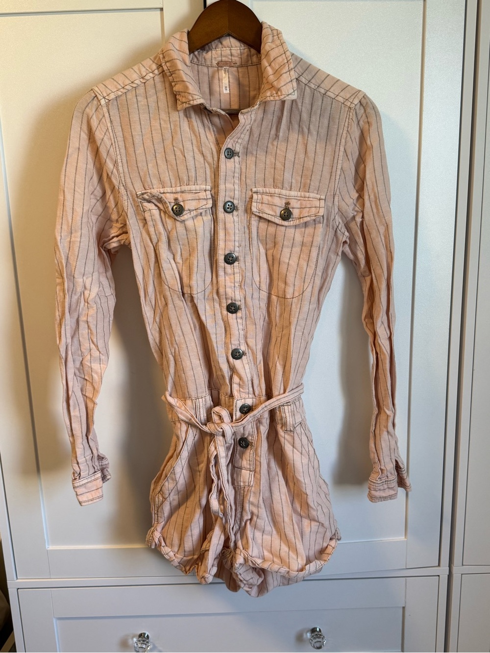 Free People Light Pink Striped Button Romper